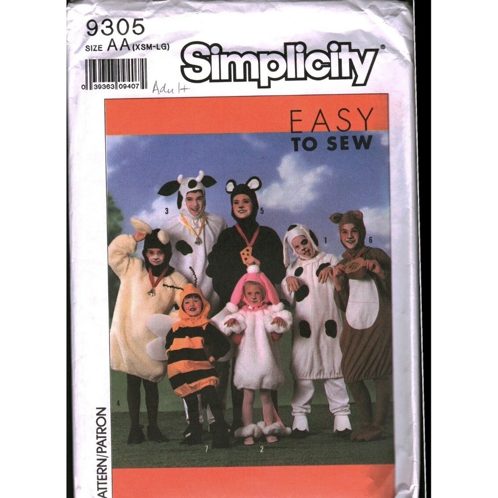 Vintage Simplicity 9305 Adult Animal Costume Pattern Cow Dalmatian Uncut XS-LG